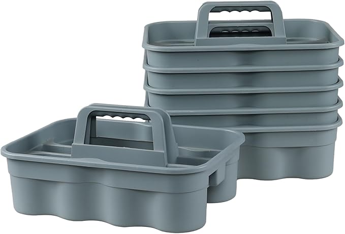 6 Pack Plastic 2 Compartments Cleaning Supplies Caddy, Commercial Carry Caddy Organizer with Handle, Gray