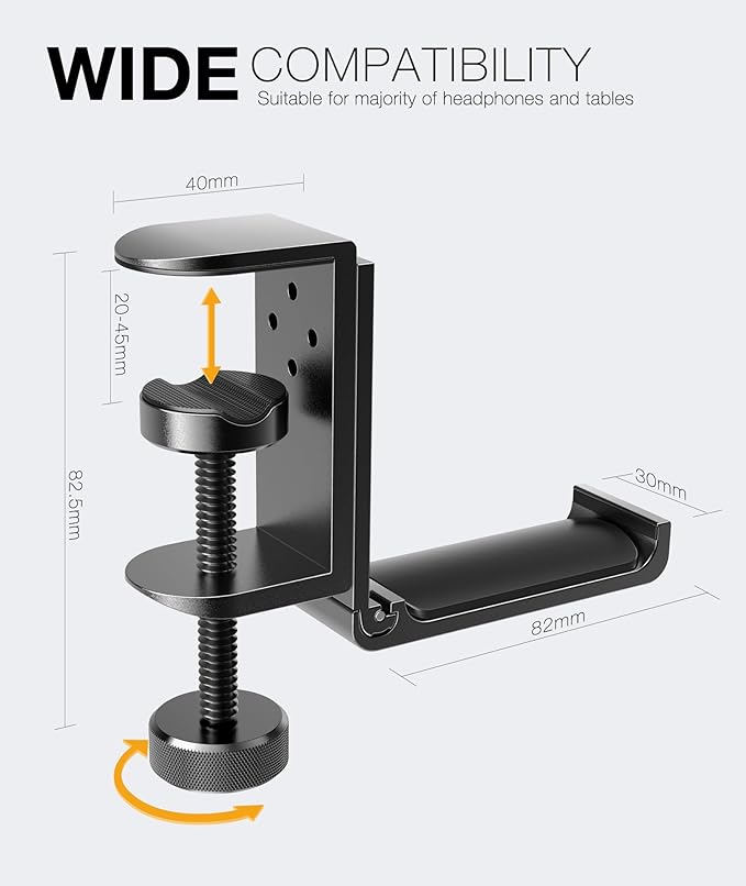 APPHOME New Foldable Headphone Stand Hanger Holder Aluminum Headset Soundbar Stand Clamp Hook Under Desk Space Save Mount, Universal Fit Gaming Headphones, Black