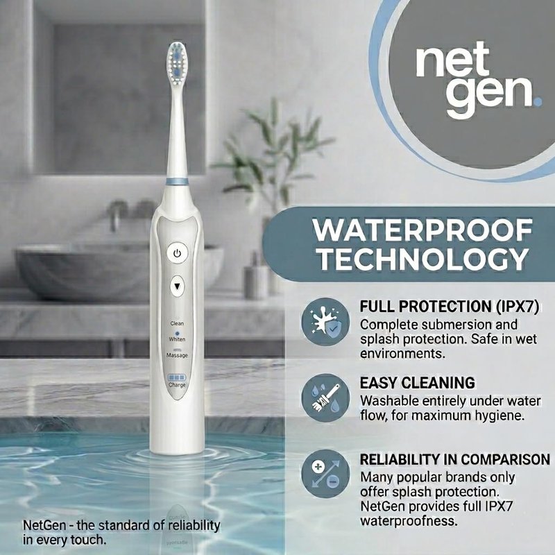 NetGen Sonic Electric Toothbrush for Adults, Rechargeable Power Toothbrush with 5 Replacement Heads, Travel Case, 3 Modes, 2 Minute Timer, IPX7 Waterproof Cordless Electric Toothbrush | White