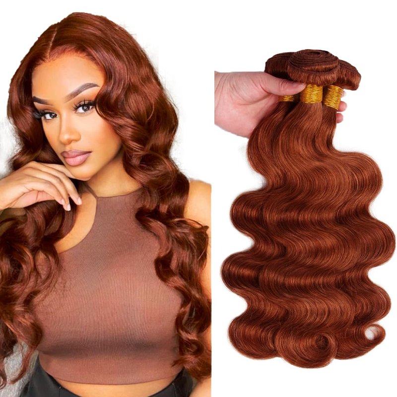 Auburn Bundle Human Hair Color 33 Body Wave Bundle Huxowax Brazilian Virgin Remy Hair 3 Bundles 16 18 20 Inch Double Weft Reddish Brown Body Wave Bundle Hair Weave 150g
