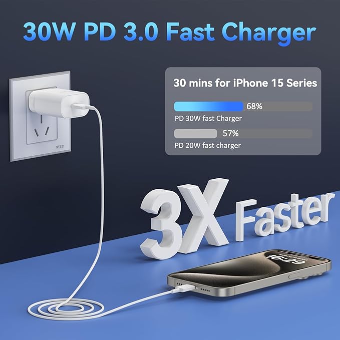 Phone 17 16 15 Charger Fast Charging,30W USB C Phone 17 16 15 Pro Max Charger Block &6.6FT Long Type C Cable Cord for i.Phone 17/17 Air/17 Pro/17 Pro Max/16/16Plus/16 Pro/16 ProMax/15/15Pro Max,Blue