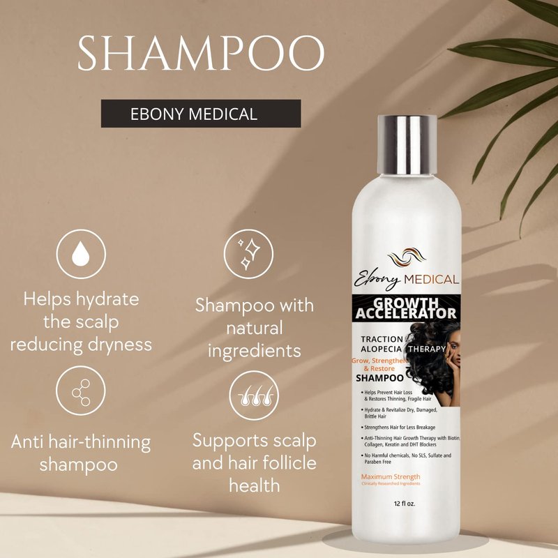 Ebony Medical Hair Support Shampoo – Thinning Hair & Patchy Hair Solution – Strengthens Strands, Scalp Health & Volume – Natural, Vegan, Sulfate-Free – 12 fl oz