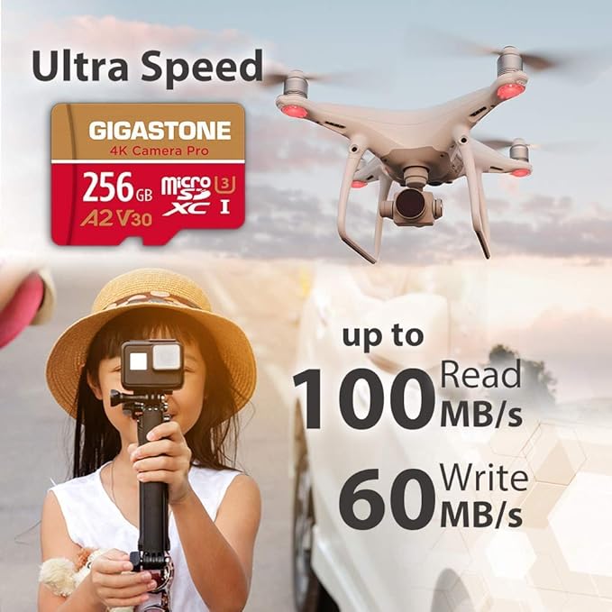 【5-Years Data Recovery】 GIGASTONE 256GB Micro SD Card, 4K Camera Pro, A2 V30 for Smartphone, Gopro, Action Cams, 4K UHD Video, Nintendo-Switch Compatible, Up to 100MB/s, UHS-I U3 C10 with Adapter