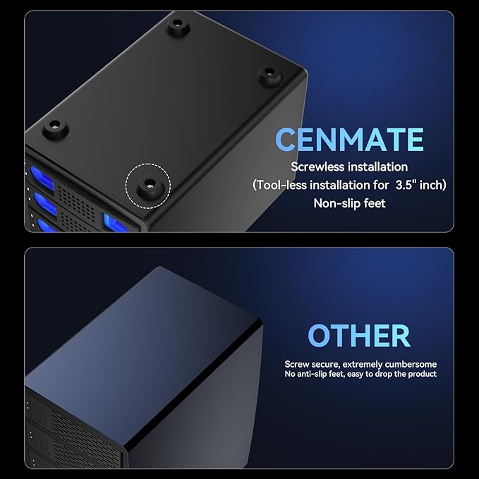 CENMATE Aluminum 4 Bay Hard Drive Enclosure with Cooling Fan for 2.5“/3.5" SATA HDD/SSD with USB A/C 3.0, Support Hot Swappable, Tool-Free HDD Enclosure, DAS(NO RAID/NAS)
