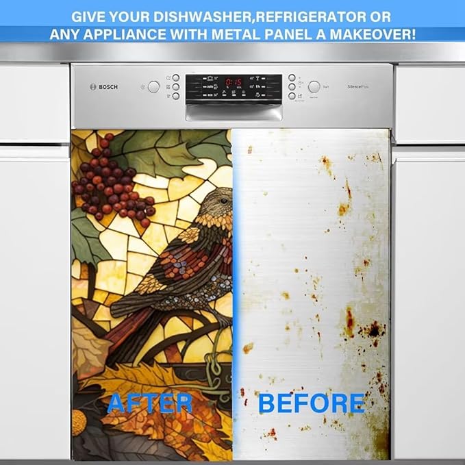 Stained Glass Bird Dishwasher Door Panel Decal Magnet Cover, Stained Glass Art Magnet Dishwasher Full Door Cover Sunflower Grape Refrigerator Magnetic Sticker - 23" W x 26" H Magnetic
