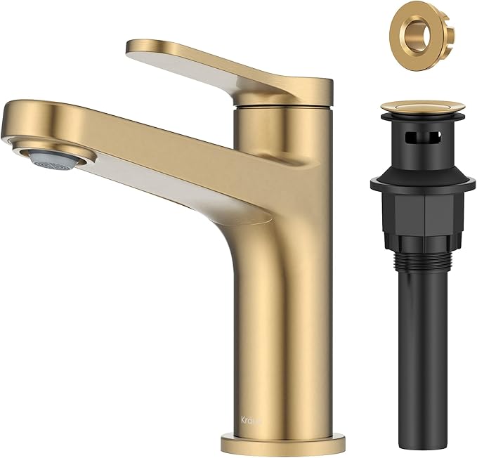 KRAUS Indy Bathroom Faucet in Spot-Free Brushed Brass with Single Handle, Pop Up Drain and Supply Lines, KBF-1411SFBB