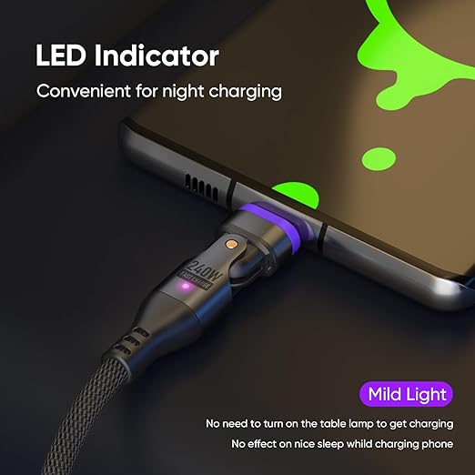 Bojianxin 240W Magnetic Charging Cable ，180°Rotating USBC to USB C Magnetic Data Cable ，Micro USB Phone Fast Charger Cable Data Transfer for Laptop/Tablet/Smart Phone (3ft)