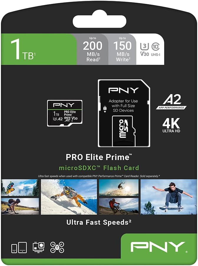 PNY 1TB PRO Elite Prime™ C10 U3 V30 A2 microSDXC Flash Memory Card – Ultra-Fast Speeds, Read 200MB/s, Write 150MB/s, 4K UHD, Full HD, UHS-I, for Smartphones, Drones, Action Cameras
