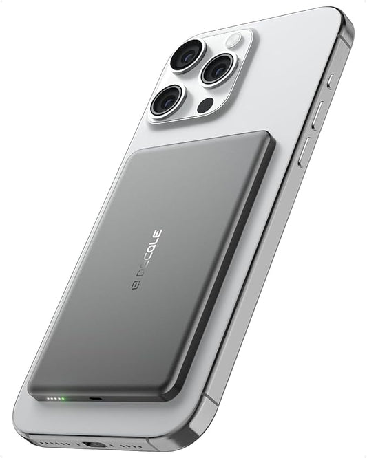 decqle “Air” Power Bank for MagSafe 5000mAh, Ultra Slim Magnetic Wireless Portable Battery Charger Case with USB-C Cable, Compatible with iPhone 17/16/15/14/13/12 Series Only (Grey)