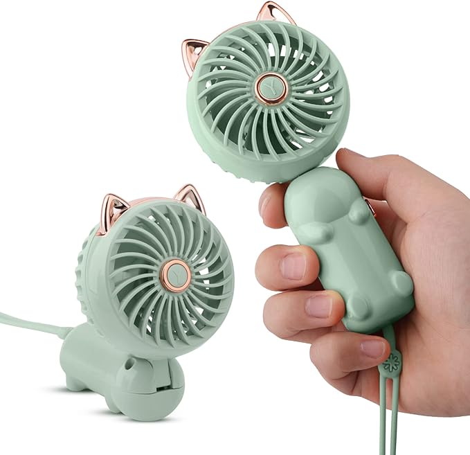 QearFun Portable Mini USB Rechargeable 3 Speed Personal Desk Table Fan with Base - Up to 12 Hours Operated Small Makeup Fan for Girls Women Outdoor (Green)