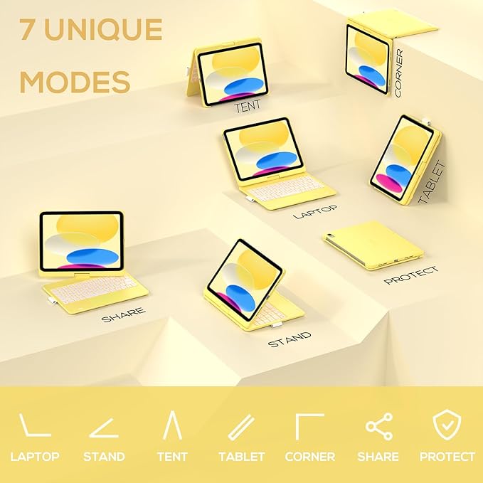 typecase Touch iPad 11th 10th Generation Case with Keyboard (11" 2025, A16 & 10.9" 2022) – 360° Rotatable, 11-Color Backlit, Multi-Touch Trackpad, Pencil Holder, Thin & Light – Yellow