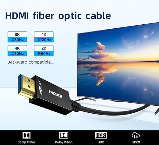 Kirzi 8K HDMI Fiber Optic Cable 50ft, 4K120 8K@60Hz HDMI 2.1 Cable, 48Gbps Ultra High Speed Slim HDMI Optical Audio Cable HDMI Cord, eARC HDR10 HDCP 2.2 Compatible with PS5 Xbox TV Projector