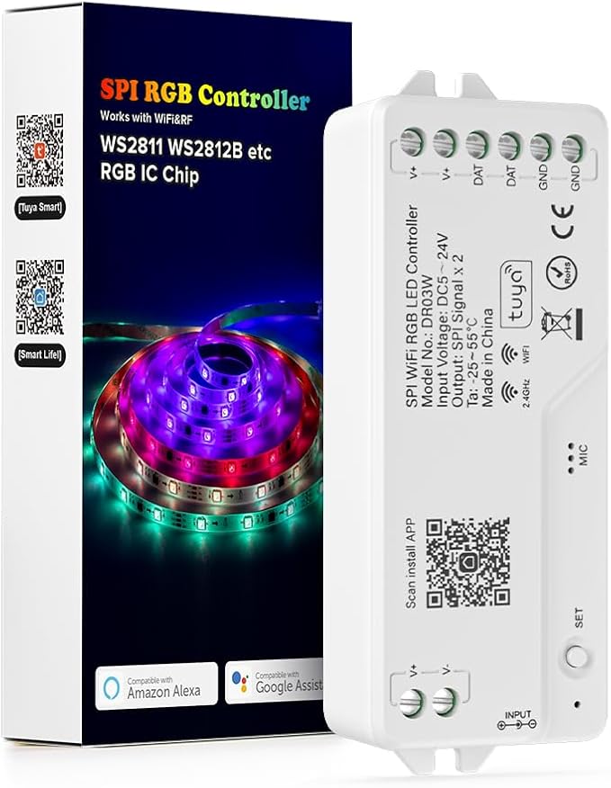 BTF-LIGHTING DR03W SPI RGB 2.4G WiFi Controller Tuya APP/Smart Life/Google Home/Alexa Control Support WS2812B WS2811 WS2815 etc Addressable LED Strip Work with WR01RF RC03RFB RF Remote