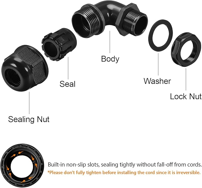 LeMotech M32 Cable Gland, 90 Degree Adjustable 18-25mm Strain Relief, Cord Connectors Nylon Joints with Gaskets, 2 Pcs, Black