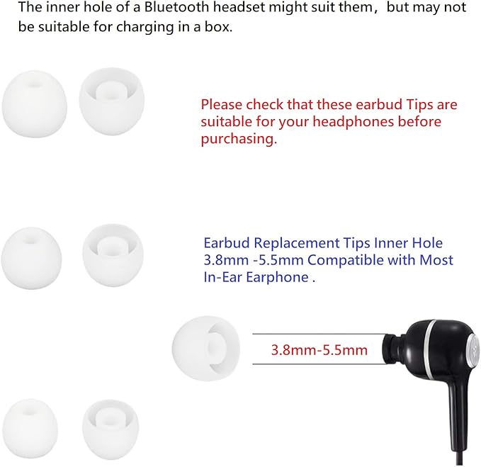 CYADCI Earbud Tips Soft and Comfortable Headphone Ear Tips Ear Bud Replacement Pieces Silicone Fit Most in-Ear Headphones，Inner Hole 3.8mm -5.5mm，18 Pairs White S/M/L Replacement Earbud Tips