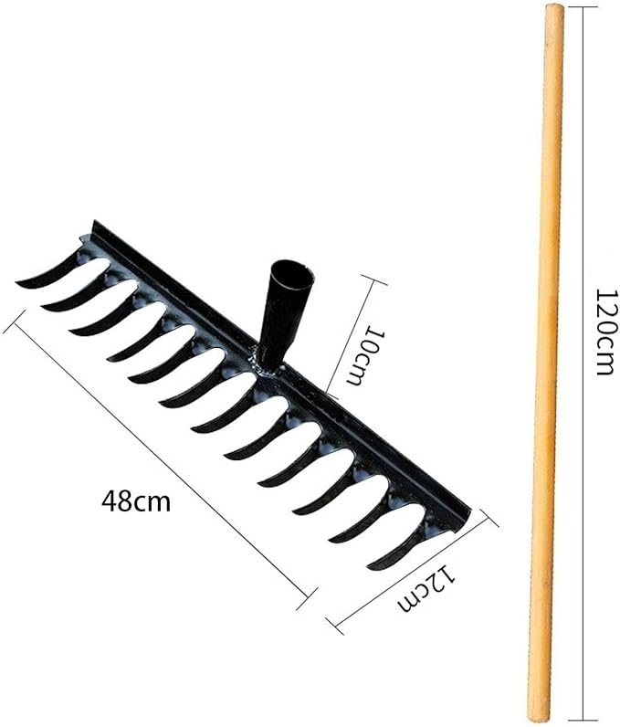 Garden Tool for Soil Preparation Wooden Handle Rake for Flower Beds, 14 Teeth 48x12x10cm