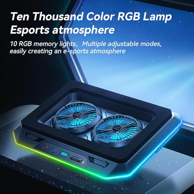 KYOLLY RGB Gaming Laptop Cooling Pad with Two Turbo Fan 3000RPM, Rapid Cooling for 15.6-19.3" Laptops, Variable Speed Control, 6 Adjustable Heights,10 RGB Lighting Modes,4 Hub