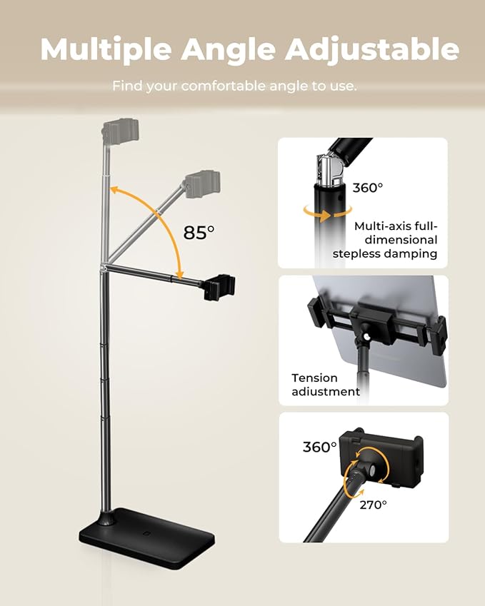SupeDesk Tablet Floor Stand, Adjustable iPad Holder for Bed & Sofa - 360° Rotating Long Arm, Height Adjustable from 13.5" to 60.3", Sturdy Metal Base for iPad, Tablet, Phone (4-13 Inch), Black