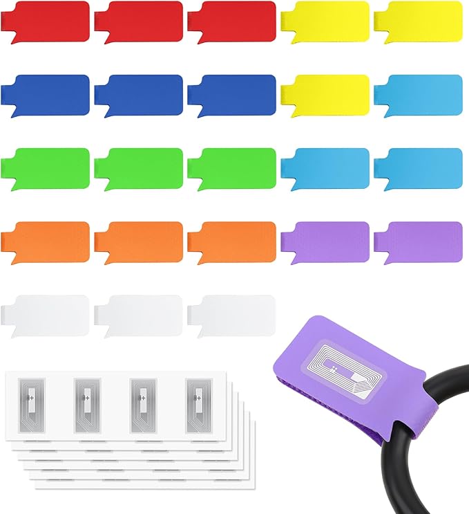 24-Pack Smart NFC Cable Labels with Blank Stickers, Programmable Reusable Wire Tags for Electronics, Cord ID & Cable Management for Automation, IT Server - Rectangle