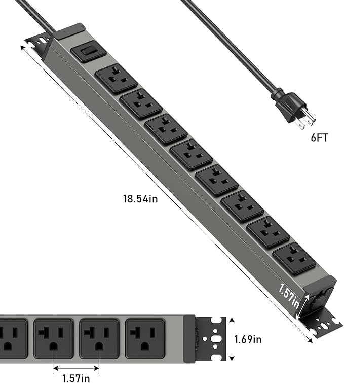 JUNNUJ Heavy Duty Power Strip Wall Mount, 20 Amp Surge Protector 1200J Metal 8 Outlet Under Desk Mounted 20A, Garage Power Table Socket Industrial Outlets 6-20R T-Slot, 6FT 12AWG Extension Cord
