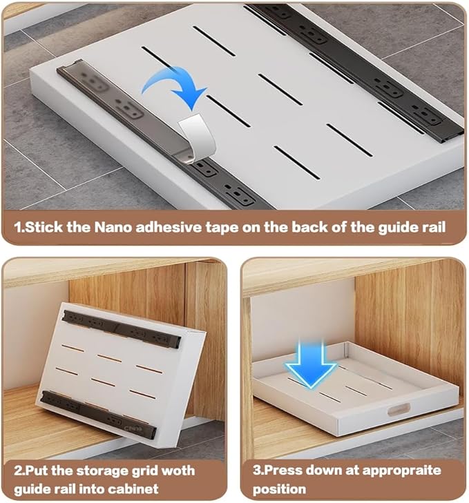 2 Pack Cabinet Organizer, 16.9" Deep Pull out Drawers for Cabinets, 10" Wide Pull out Cabinet Organizer Adhesive Heavy Duty Carbon Steel, Kitchen Cabinet Organizer, Pantry Organizers, White