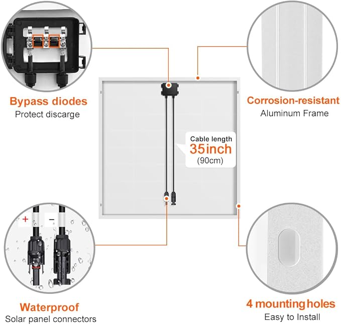 DOKIO 150W 18V Monocrystalline Solar Panel, Compatible with 12V System, Aluminum Frame with MC4 Connector, Pre-Drilled Holes for RV, Boat, Roof & Off-Grid Power
