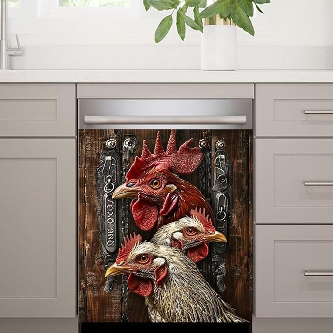 Wood Board and Rooster Pattern Dishwasher Magnet Cover Panel Kitchen Decorative Magnetic Refrigerator Front Door Cover Sticker,23W x 17H inchs