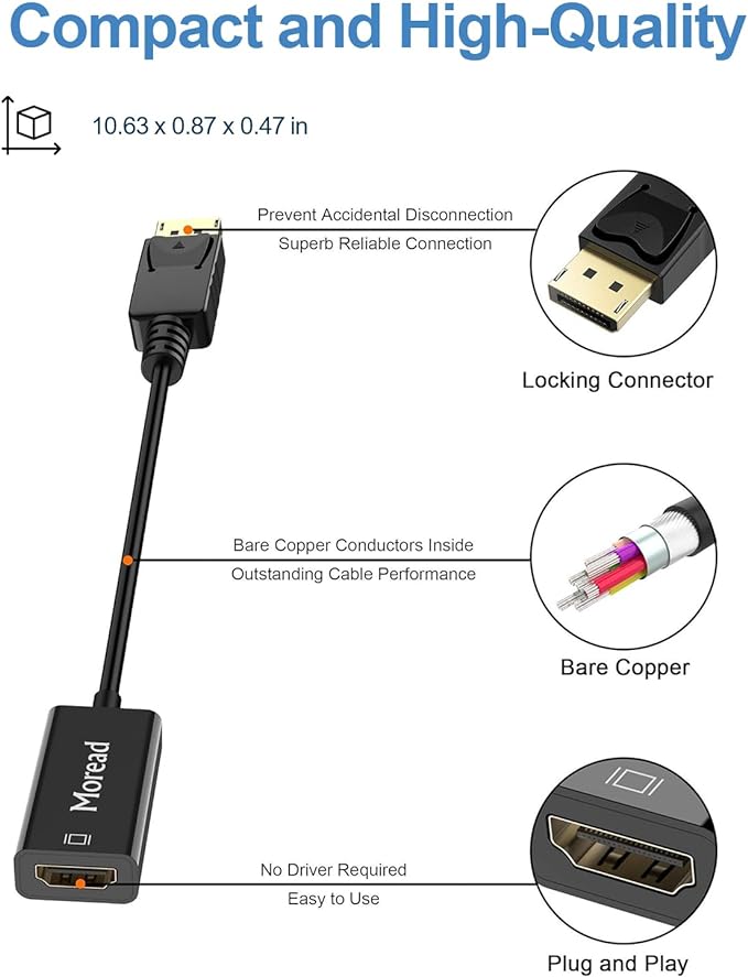 Moread 4K DisplayPort (DP) to HDMI Adapter, Uni-Directional Gold-Plated Display Port Computer to HDMI Screen Converter (Male to Female) Compatible with HP, Dell, Lenovo & More, Passive - Black