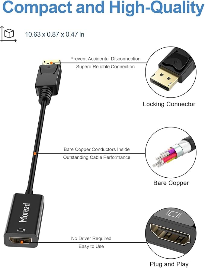 Moread 4K DisplayPort (DP) to HDMI Adapter, 10 Pack, Uni-Directional Gold-Plated Display Port Computer to HDMI Screen Converter (Male to Female) Compatible with HP, Dell, Lenovo & More, Passive -Black