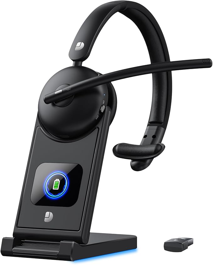 Wireless Headset with Mic for Work, Bluetooth Headphones with Microphone (Noise Cancelling) & Charging Base, Wireless Headset for Work from Home/Office/Call Center/PC/Computer/Teams/Zoom/Skype/Laptop
