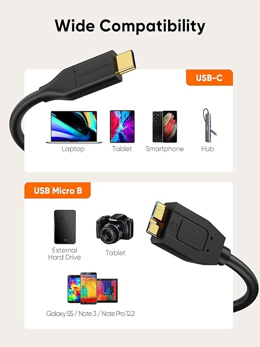 CableCreation USB C to Micro B Short Cable 1FT *2, 10G Micro B to USB C External Hard Drive Cable for iPhone 15/16/17,Samsung Galaxy S24,Seagate WD Westgate My Passport,MacBook Pro/Air, iPad/Tablet