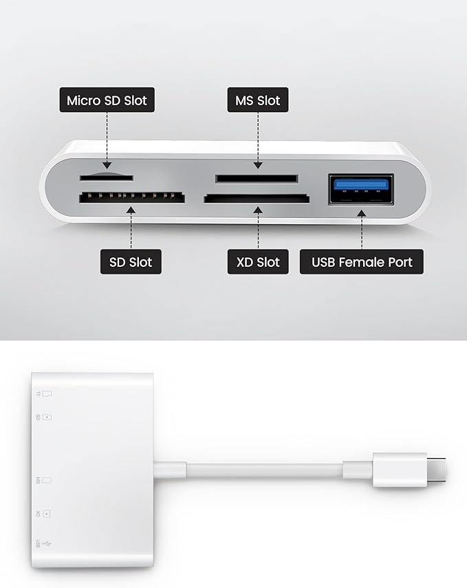 Oyuiasle USB C SD Card Reader, USB-C to SD MicroSD XD Picture MS Memory Stick Cards, Type C 5 Slots Memory Card Adapter for iPhone 15 iPad Mac Laptop MacBook and Android Galaxy More USBC Devices