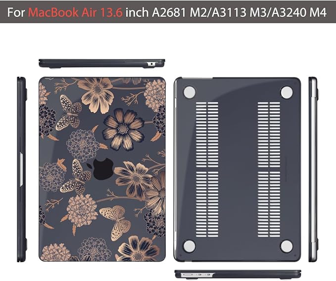 Teryeefi for MacBook Air M2 M3 M4 M5 13.6 Case 2022 2023 2024 2025 2026 Release A2681 A3113 A3240 A3449, Clear Hard Shell with Keyboard Cover & Adapter & Screen Protector, Gold Floral Butterfly