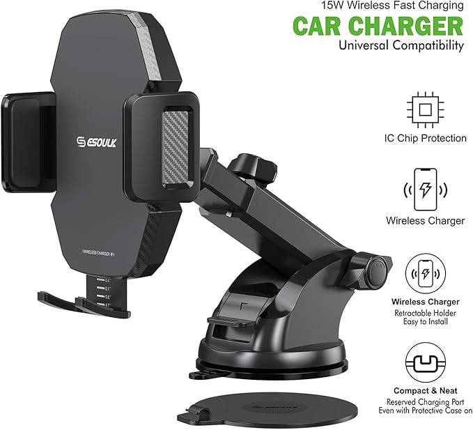 Esoulk Wireless Car Charger Phone Mount, 15W Fast Charging Car Mount Charger with Auto Clamping, Car Charger Phone Holder for iPhone, Wireless Charger Car Mount for Dashboard & Windshield