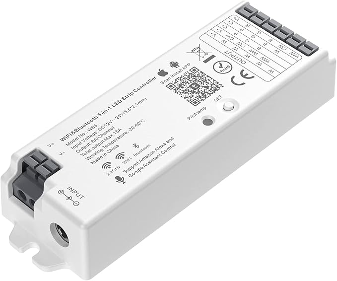 BTF-LIGHTING 5-in-1 WB5 2.4GHz WiFi LED Controller, PWM Dimmer Compatible with Alexa/Google Home/Tuya Smart/Smart Life APP, for Dimming/CCT/RGB/RGBW/RGBCCT Strip Light, Work with WR01RF, WR02RF, etc.