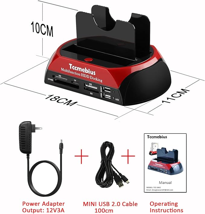 Tccmebius Hard Drive Docking Station, TCC-S862-US USB 2.0 to 2.5 3.5 Inch SATA IDE Dual Slots External Enclosure with All in 1 Card Reader and USB 2.0 Hub for 2.5" 3.5" IDE SATA I/II/III HDD SSD