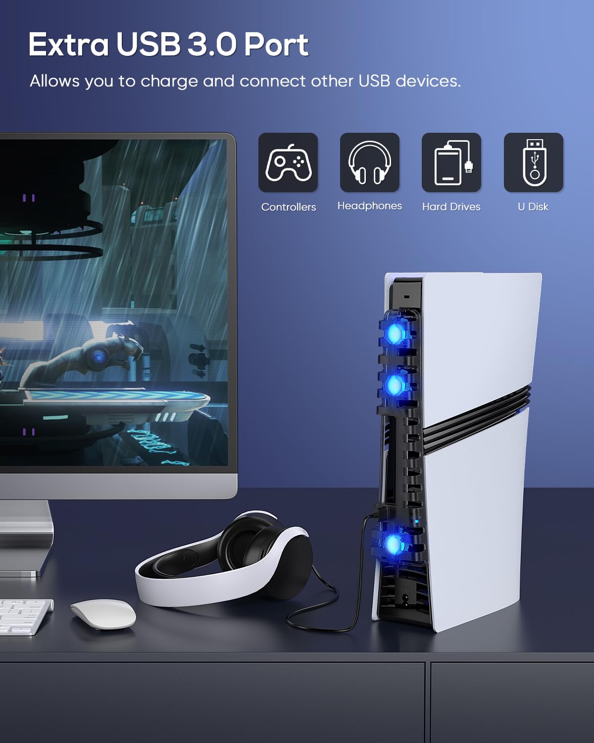 PS5 Pro/Slim Auto Cooling Fan with USB 3.0 Port, Adjustable 3 Speed, LED Light, Memory Function, Quiet and Efficient Cooling System