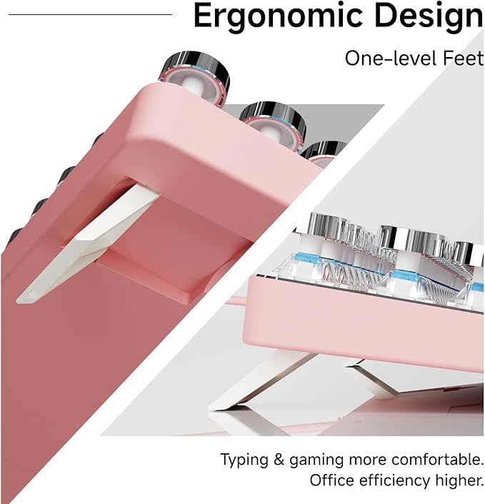 SEUNKWANG Typewriter Style Mechanical Gaming Keyboard with White Backlit, Wired Retro Punk Computer Keyboard Durable Metal Panel, Clicky Blue Switch, Round Keycaps, Full-Size for PC/Desktop/Win, Pink