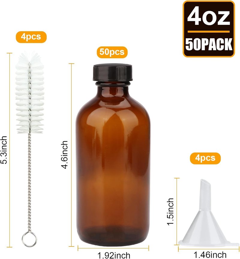 Maredash Amber Glass Bottles - 4oz Boston Round Containers with Leak-Proof Caps | 50 Pack for Essential Oils, Extracts & Herbal Remedies