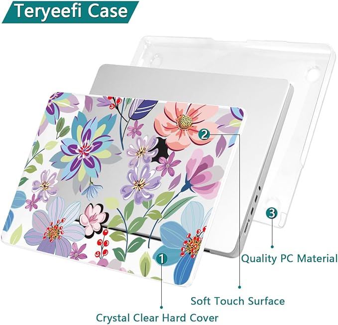 Teryeefi for M5 MacBook Pro 14 inch Case M4 M3 M2 M1 (2025 2024 2022 2021) Model A3112 A3185 A3401 A2918 A2992 A2779 A2442, PC Hard Shell+ Keyboard Cover +Type C Adapter, Pretty Flowers Clear-104