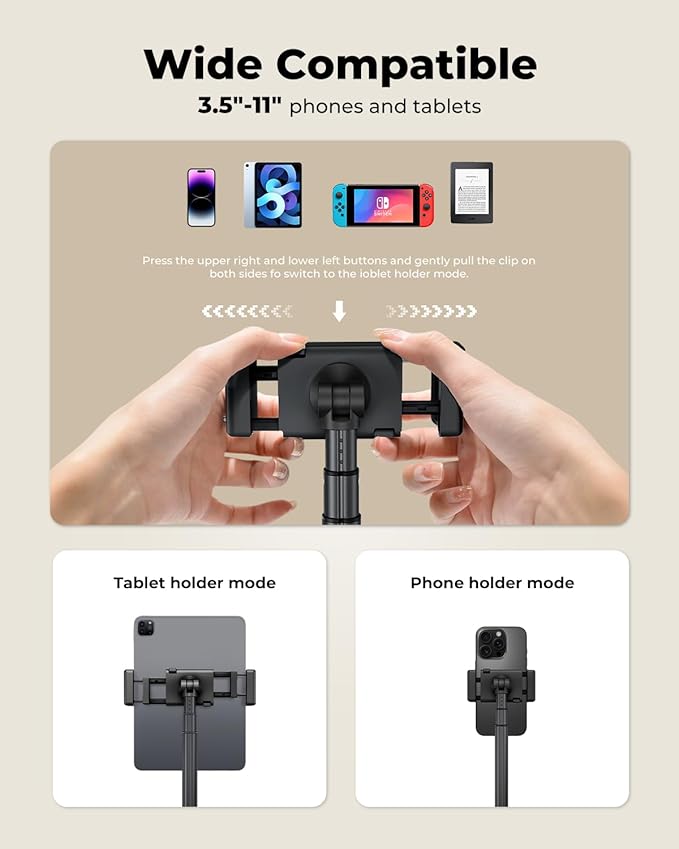 SupeDesk Tablet Floor Stand, Adjustable iPad Holder for Bed & Sofa - 360° Rotating Long Arm, Height Adjustable from 13.5" to 60.3", Sturdy Metal Base for iPad, Tablet, Phone (4-13 Inch), Black