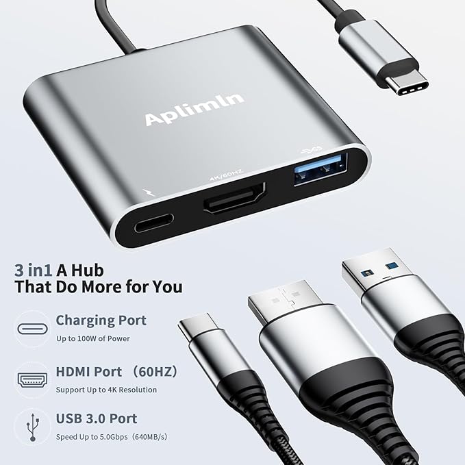 Aplimln USB C to HDMI Adapter, 4K@60Hz HDMI to USB-C Adapter with USBA 3.0 & 100W PD Port Multiport Digital AV Converter for MacBook Pro/Air, iPad, iPhone 15/16, Tablets, Switch, TV, Monitor and More