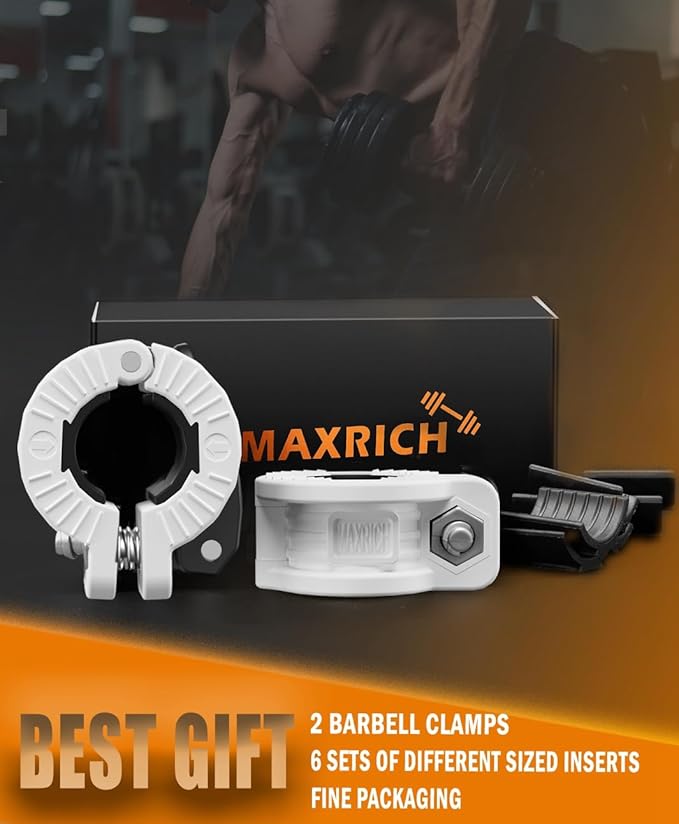MAXRICH Barbell Clamp 1 inch Multiple Sizes & Adjustable Weight Clips for Barbell Quick Release Barbell Clips|Barbell Collar Bar Locks for Weight Lifting (White)