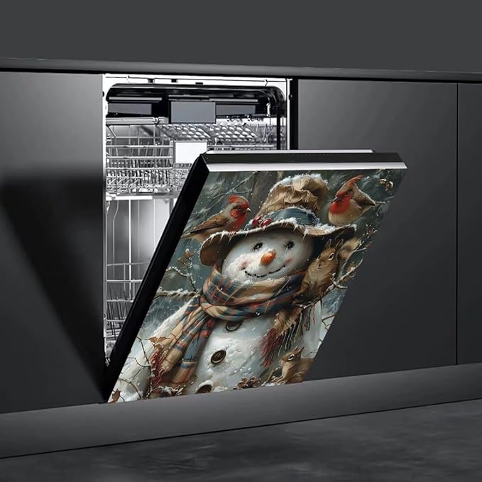 Generic Snowman Dishwasher Magnet Face Cover, Magnetic Dishwasher Decorative Winter Christmas Stickers,Birds and Squirrels Magnetic Dishwasher Decals,Fridge Door Cover,23Wx26H