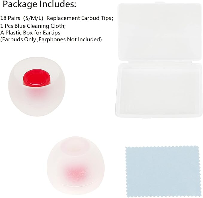 CYADCI Silicone Earbud Tips - Soft & Comfortable Earphone Cushions, 18 Pairs (S/M/L) - White & Red, Fits 3.8mm-5.5mm Inner Hole, Compatible with Most in-Ear Headphones