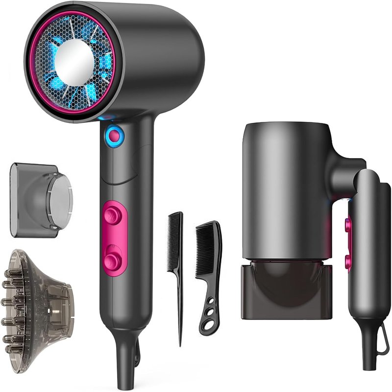 Portable Hair Dryer - Ionic Fast Drying with Blue Light Scalp Care | Foldable Design, 2 Speeds, Diffuser & Nozzle