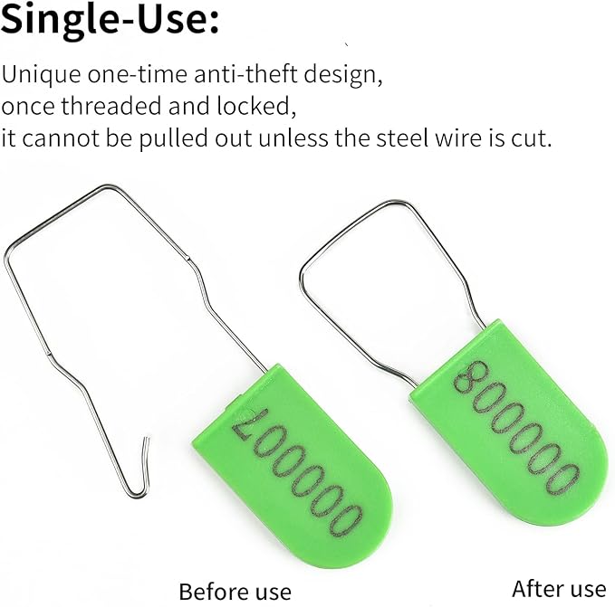 LeadSeals 500PCS Plastic Padlock Security Seals Metal Wire Padlocks Electric Meter Lockout Tags Self-Locking Numbered Anti Tamper Seal Tags Green