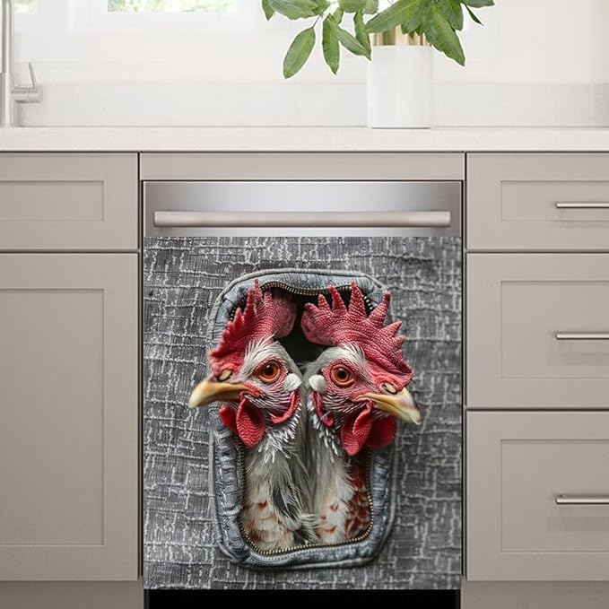Wood Board and Rooster Wallpaper Dishwasher Magnet Cover Panel Kitchen Decorative Magnetic Refrigerator Front Door Cover Sticker,23W x 26H inchs