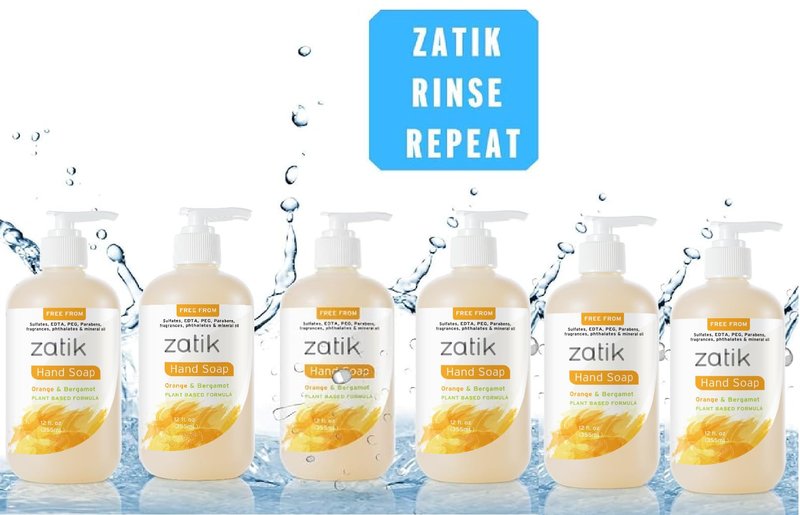 Zatik Naturals - Liquid Hand Soap with Orange & Bergamot, Moisturizing Handwash, Grey Water Safe, 12 fl oz (Pack of 6)