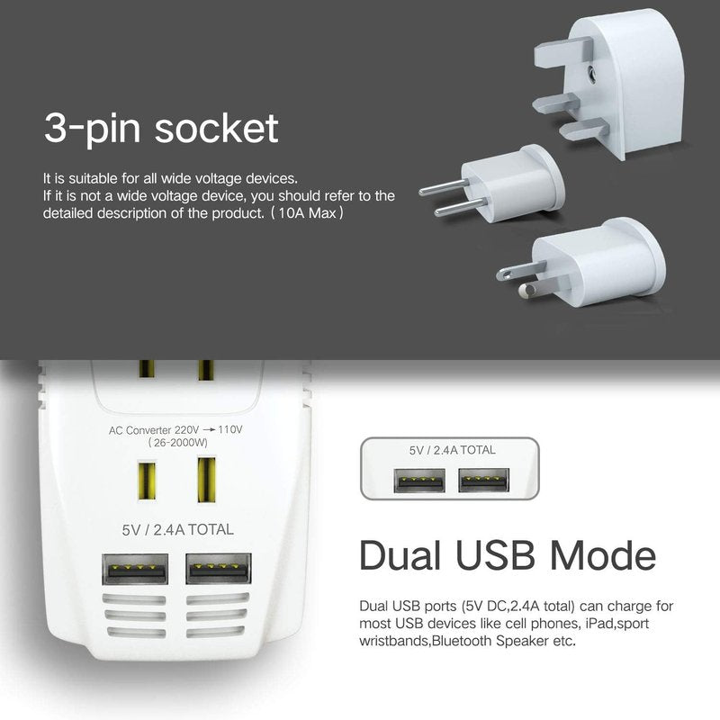 Upgraded 2000W 220V to 110V Voltage Converter Step Down Voltage for Hair Dryer,Straightener,Curling Iron,Cell Phone Power Converter with 2-Port USB and UK/AU/US/EU 10A Plug Adapter, White